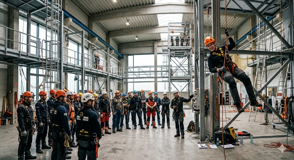 HEROS: Schulungszentrum – Höhensicherheitstrainings mit Teilnehmern in der Halle
